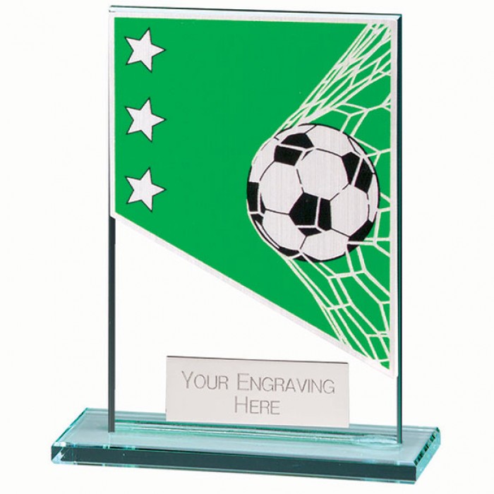 MUSTANG GREEN/SILVER FOOTBALL GLASS TROPHY -  6 SIZES - 8CM - 18CM